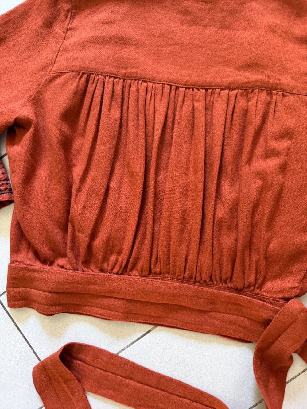 Rue Stiic Rust & Black Linen Embroidered Wrap Top Small Boho Festival Top - Picture 6 of 7